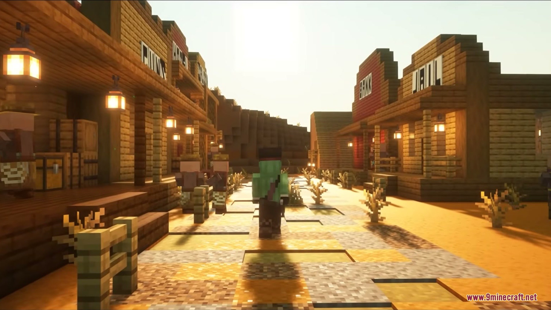 Wild West Structures Mod (1.21.8, 1.20.1) – Turn Dry Badlands Into Lively 3 A player and villagers walking through a frontier settlement under the bright sun