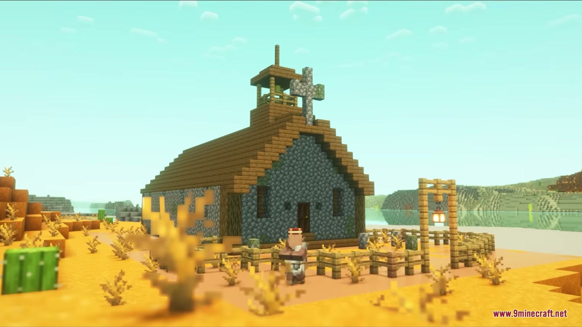 Wild West Structures Mod (1.21.8, 1.20.1) – Turn Dry Badlands Into Lively 7 A villager stands in front of a wooden church in the desert