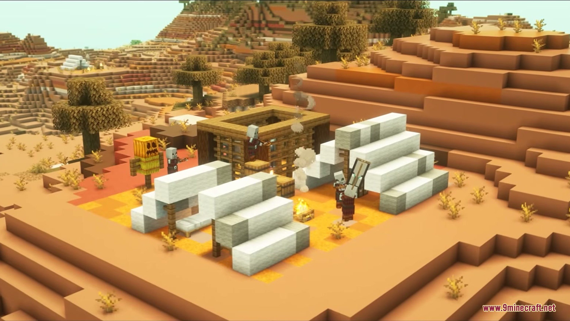 Wild West Structures Mod (1.21.8, 1.20.1) – Turn Dry Badlands Into Lively 8 Pillagers guarding a small bandit camp with white tents and a campfire