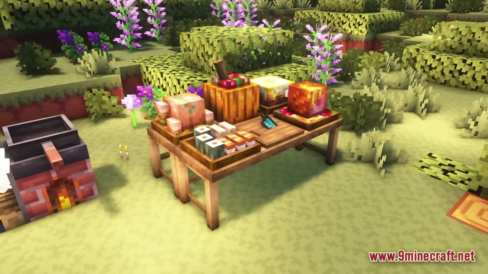 A wooden table displays various food items including sushi and a whole turkey next to a stove