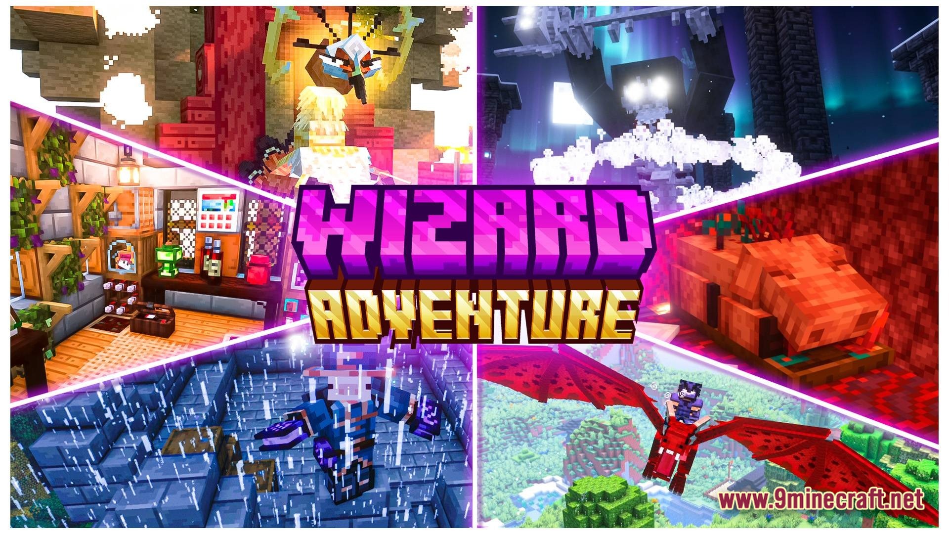 A collage of various bosses, structures, and a player riding a dragon in a modded world