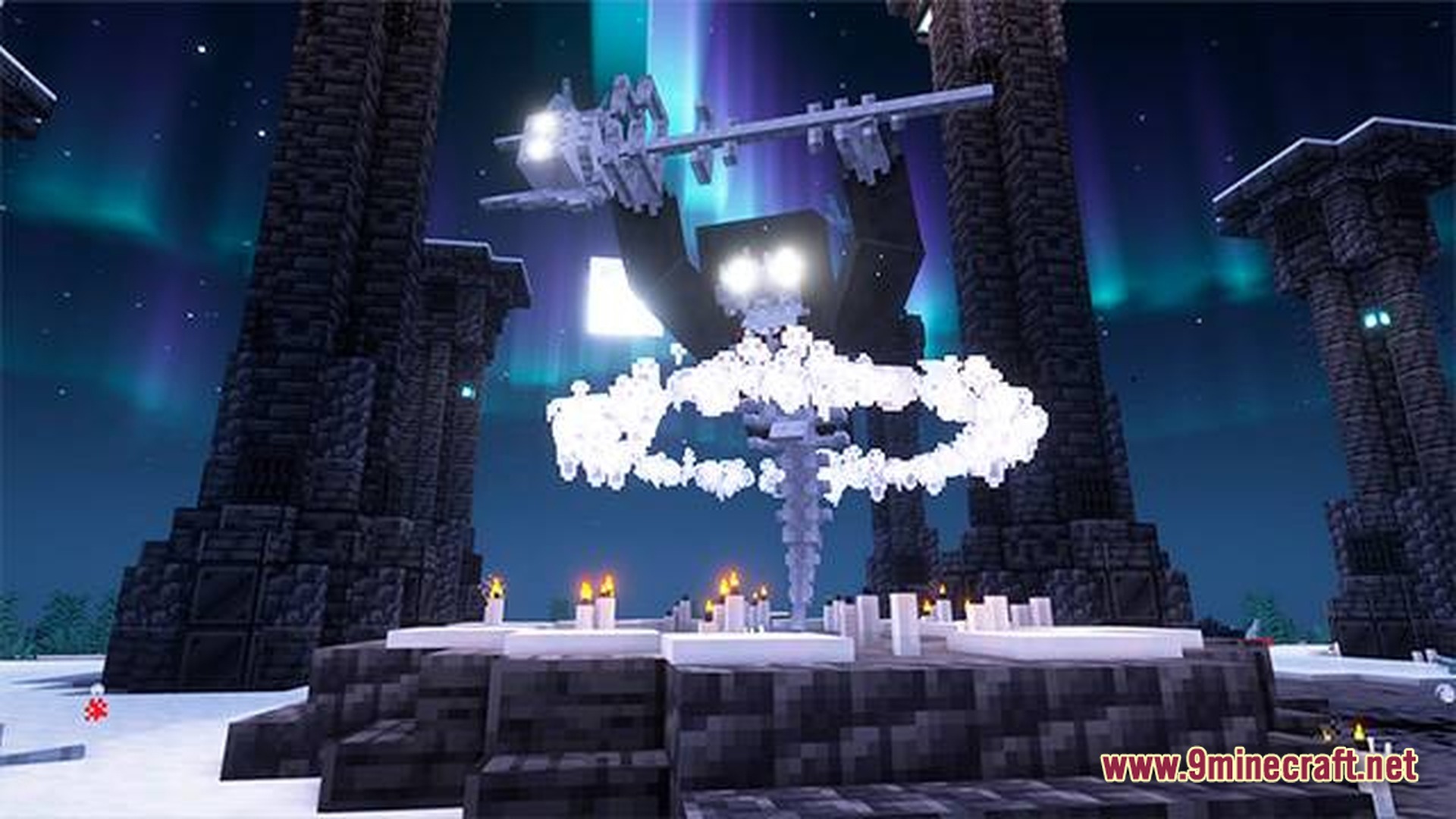 A skeletal boss mob holding a staff stands on a ritual altar under an aurora sky