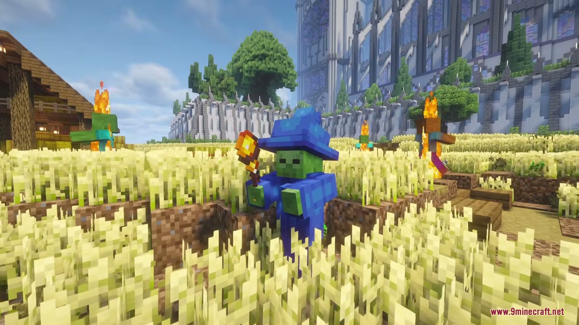 Wizard Mobs Mod (1.21.1) – Survive Magic Attacks From Spellcasting Undead 5 Zombie wizard holding a glowing wand while standing in a wheat field