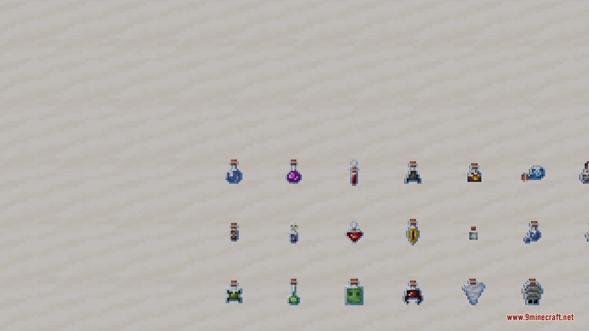 Xali’s Potions 9Minecraft Resource Pack (26.2) – Distinct Bottle Shapes For Every Brew 3 Detailed view of various potion bottles with unique icons and distinct visual styles
