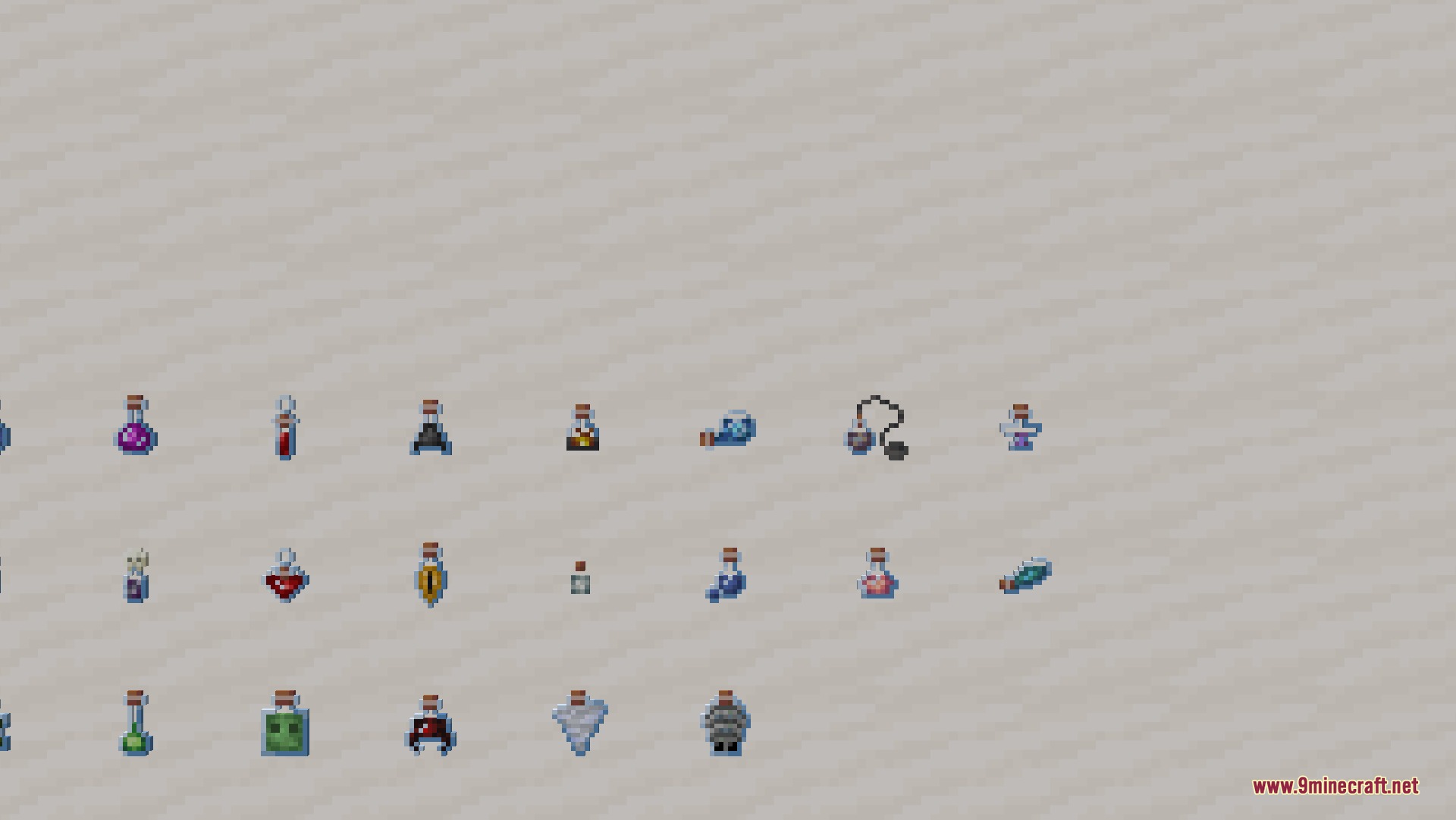 Xali’s Potions 9Minecraft Resource Pack (26.2) – Distinct Bottle Shapes For Every Brew 4 Minecraft potions with unique bottle designs and icons representing their specific effects