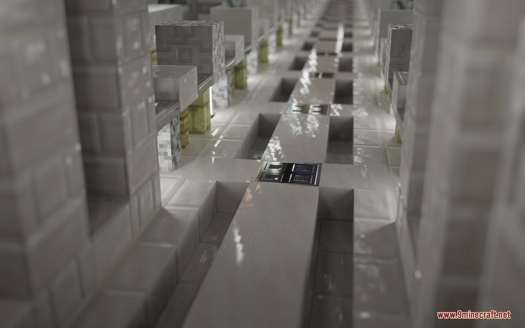 Yitality Resource Pack (26.2, 1.20.1) – Familiar Vanilla With Realistic 2 Polished white blocks with realistic reflections and depth in a long hallway