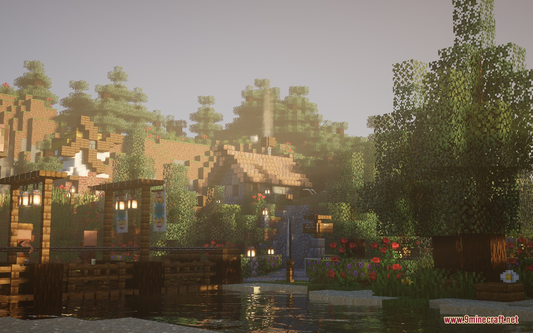 Yitality Resource Pack (26.2, 1.20.1) – Familiar Vanilla With Realistic 5 A scenic minecraft village with realistic water reflections and soft morning sunlight