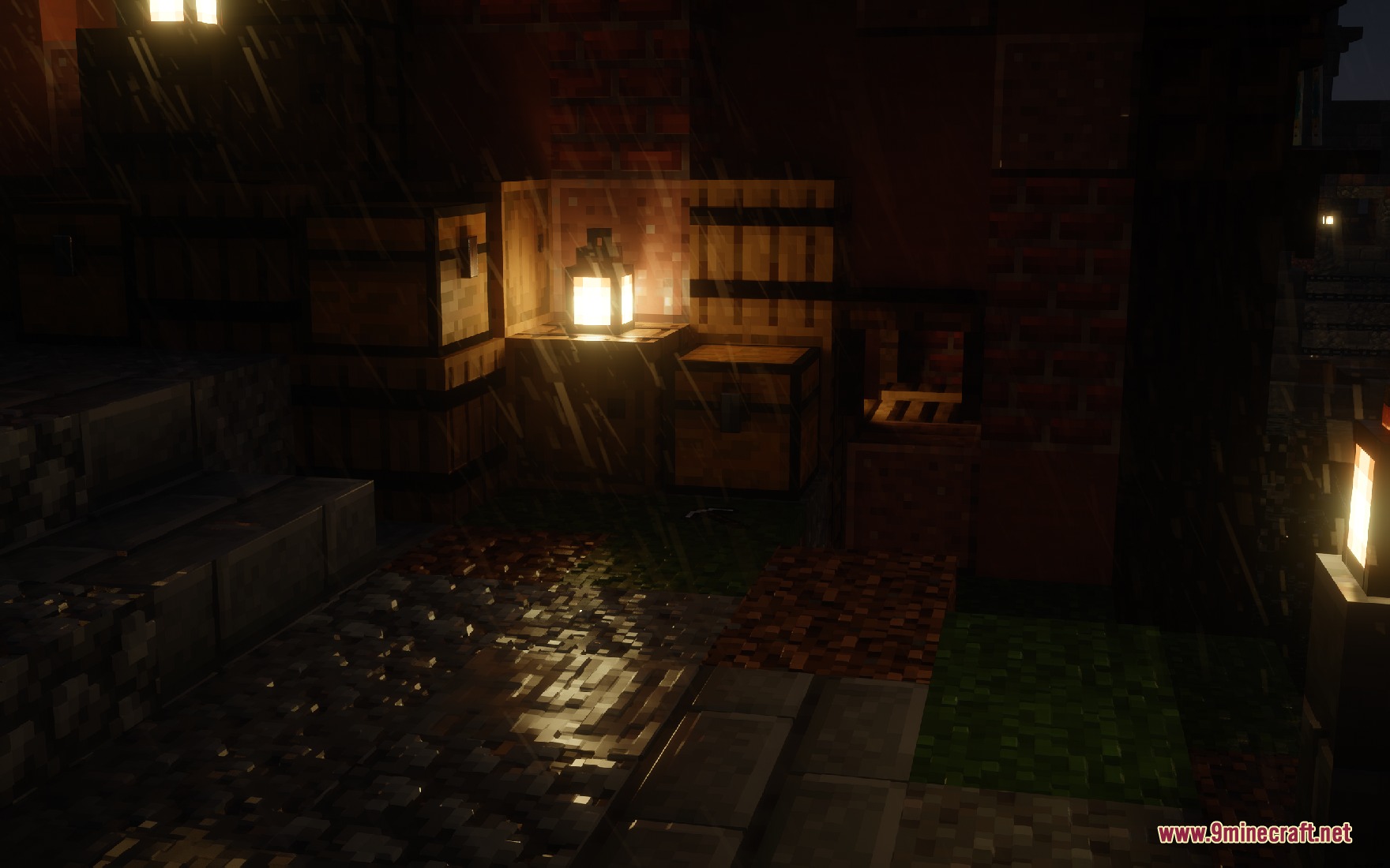 Yitality Resource Pack (26.2, 1.20.1) – Familiar Vanilla With Realistic 6 A glowing lantern sits on a chest in a dark rainy environment
