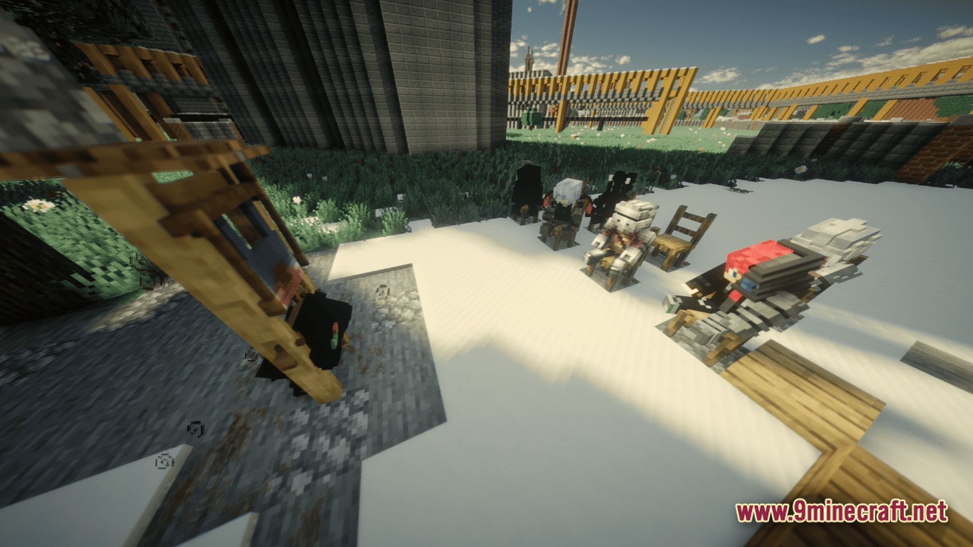 Zombiemania A Modern Zombie Apocalypse Modpack (1.20.1) – Survive The Ultimate Undead Wasteland 11 Several players in custom armor sit on wooden chairs within a snowy outdoor base area