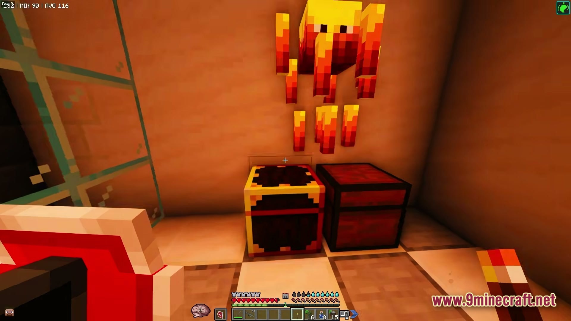 Zombiemania A Modern Zombie Apocalypse Modpack (1.20.1) – Survive The Ultimate Undead Wasteland 3 A blaze mob floating above two storage chests inside a building with tiled flooring
