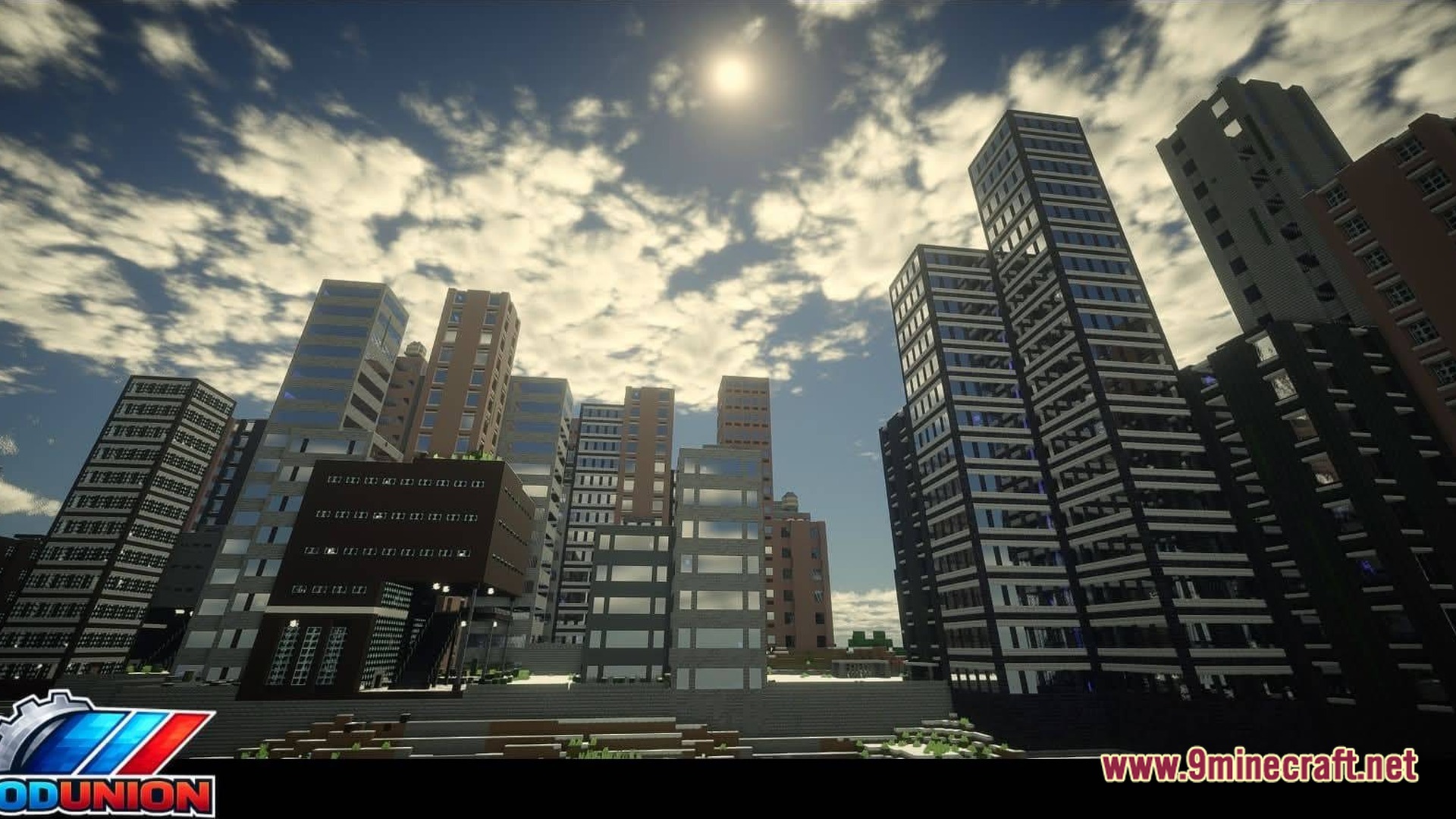Zombiemania A Modern Zombie Apocalypse Modpack (1.20.1) – Survive The Ultimate Undead Wasteland 8 A sprawling urban landscape featuring numerous modern skyscrapers and office buildings under a bright, cloudy sky