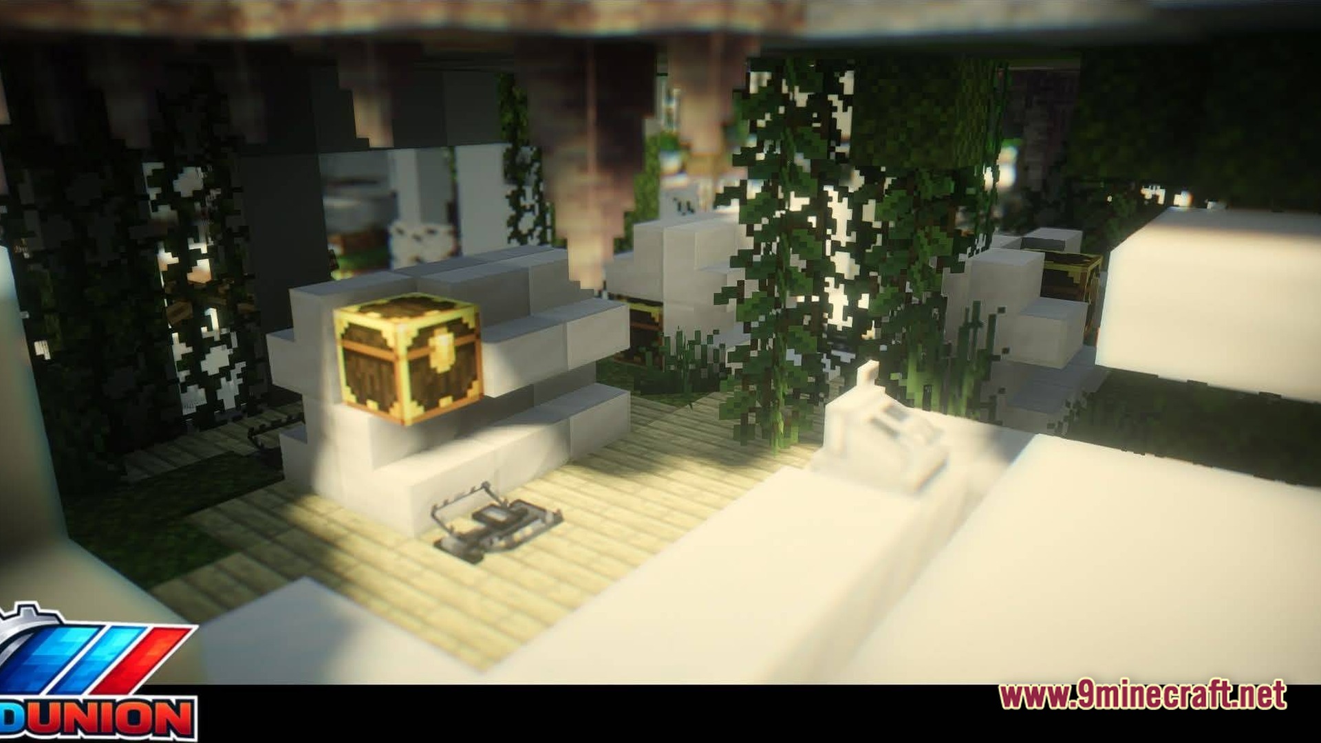 Zombiemania A Modern Zombie Apocalypse Modpack (1.20.1) – Survive The Ultimate Undead Wasteland 10 An overgrown store interior featuring a loot chest, a cash register, and a bear trap