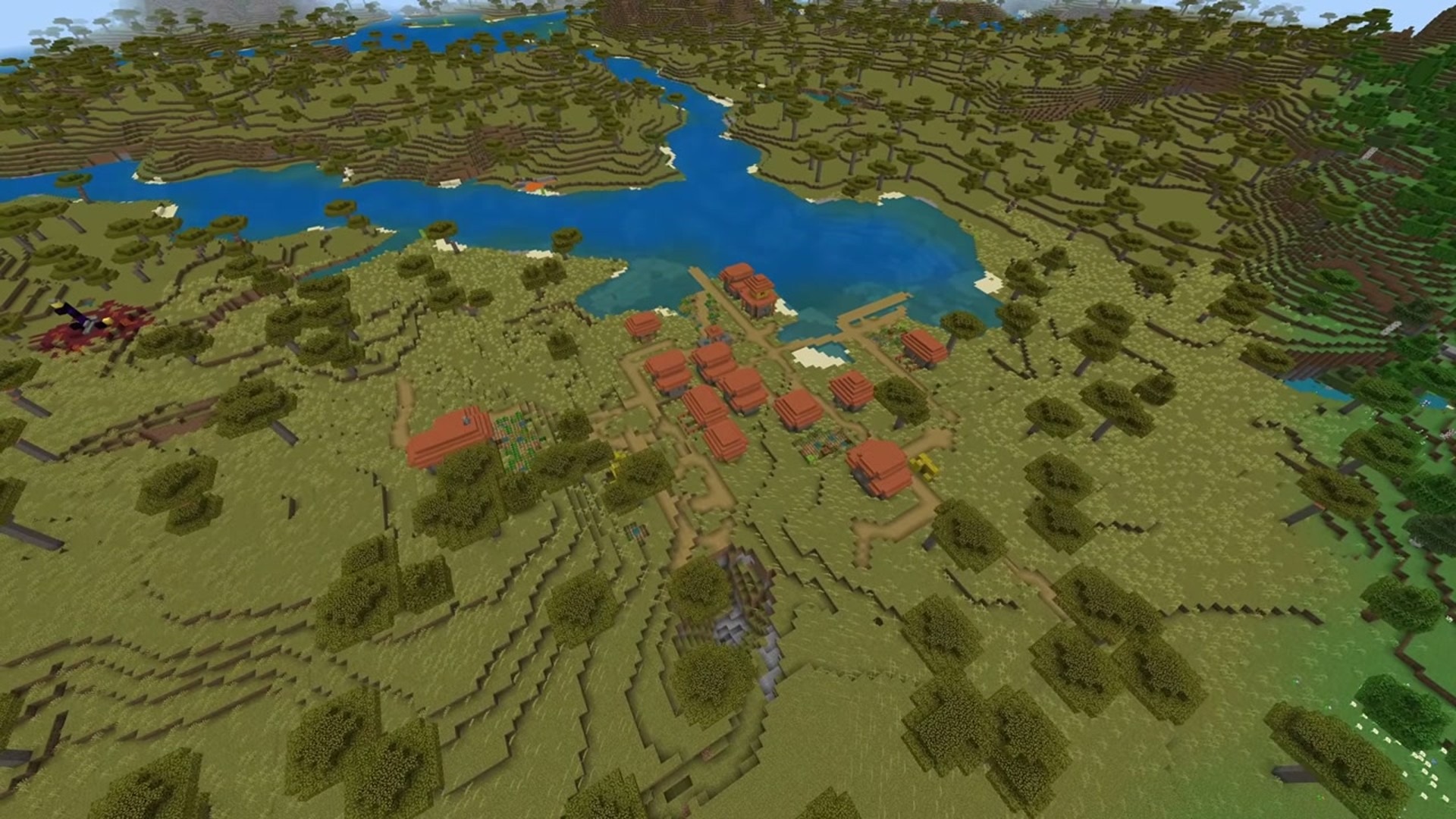 Lakeside savanna village and ruined portal - minecraft seed -8953469724830785874