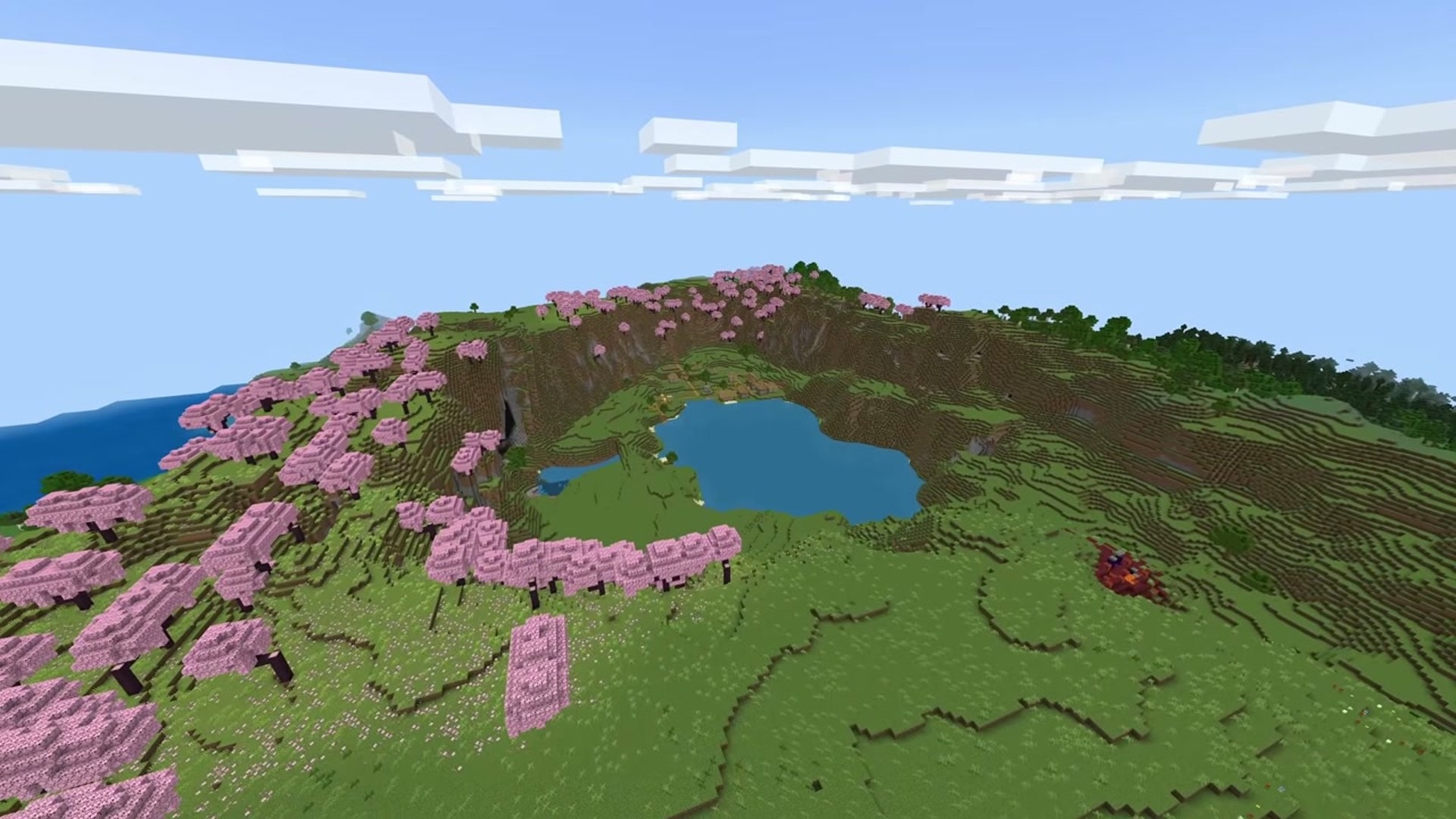 Cherry blossom crater mountain and plains village - minecraft seed 5241752445382529779