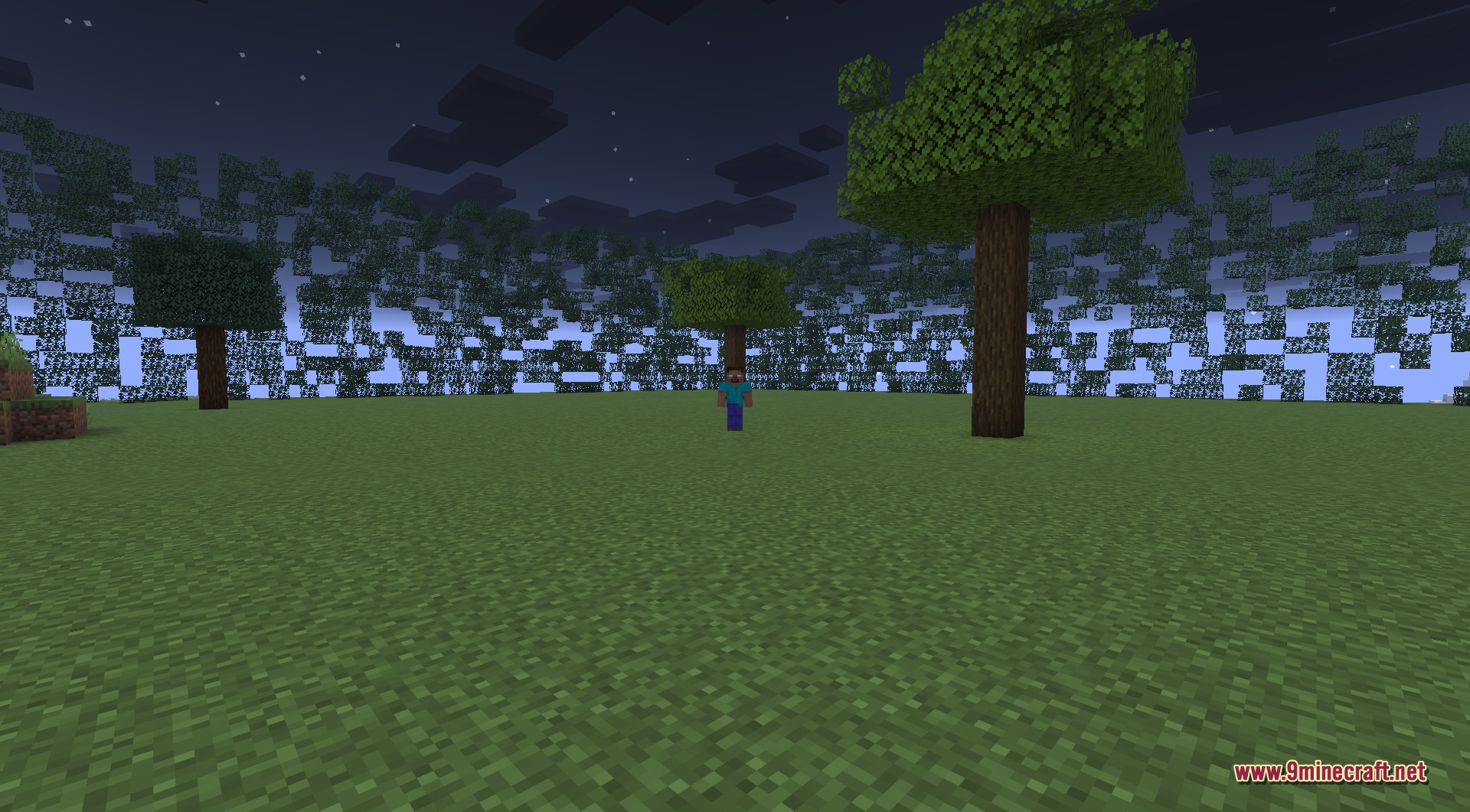 From The Fog 9Minecraft Data Pack (26.2) – Herobrine Stalks Your Survival World 4 Herobrine lurking among the trees of a night forest, appearing for a moment at a distance before he vanishes into the dark