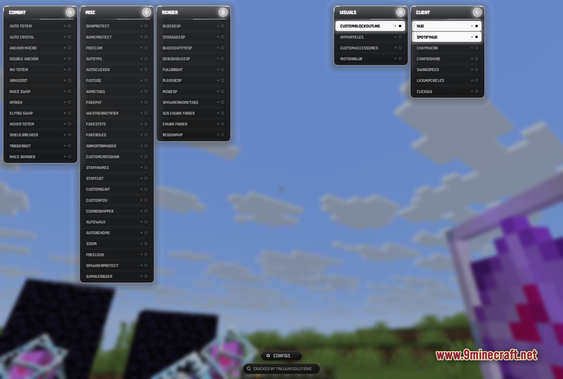 Lunex client clickgui opened in-game showing the combat, misc, render, visuals and client module categories side by side over the crystal pvp arena
