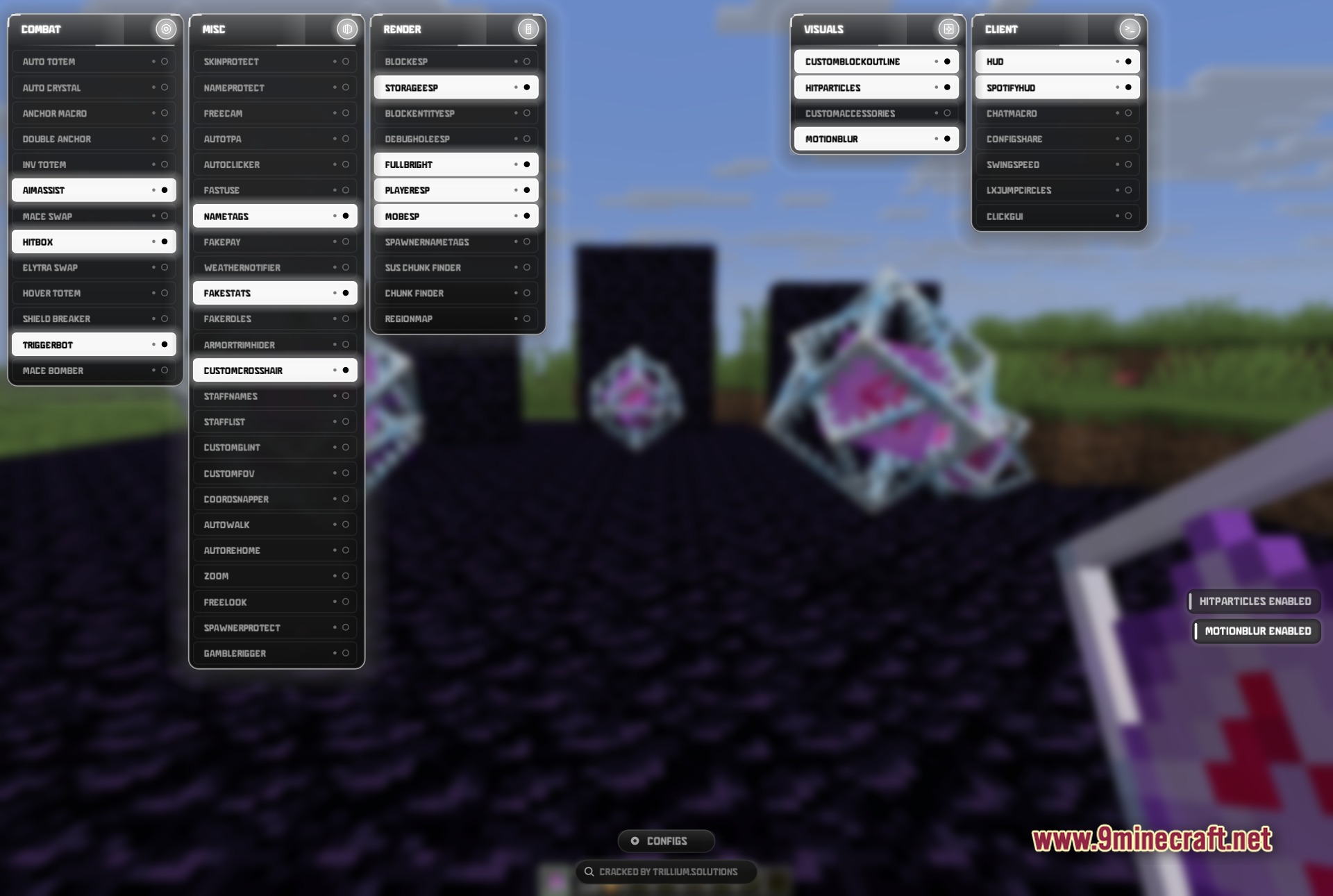 Lunex client clickgui with combat and render modules such as aim assist, hitbox, fullbright, player esp and storage esp toggled on, showing the green indicator dots