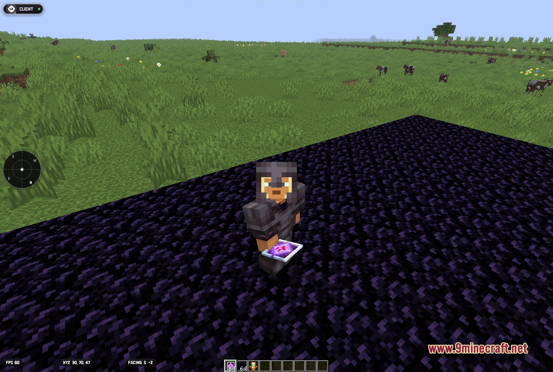 Third-person view of the player in netherite armor holding an end crystal on an obsidian platform, with the lunex hud, radar and coordinate display active