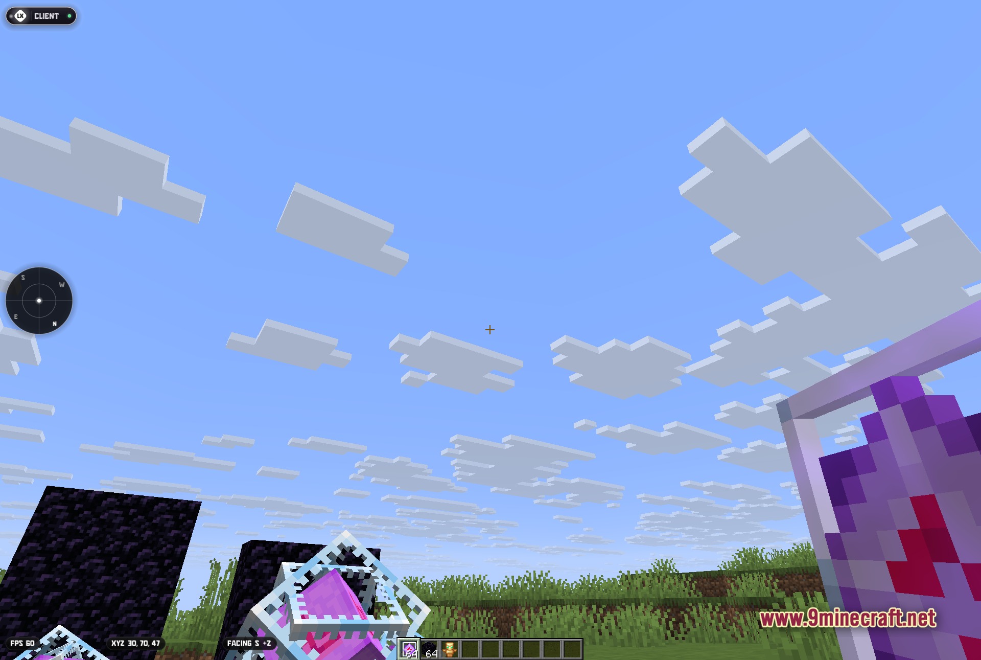 First-person view across the crystal pvp arena of obsidian and end crystals with the lunex client hud overlay in the corner