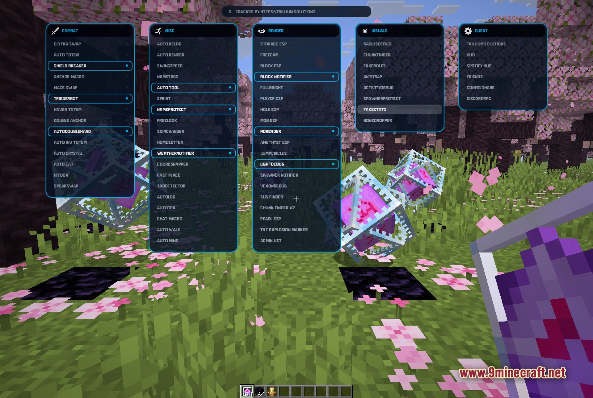 Vexon Client Mod (1.21.11) – Automate Crystal Pvp On Anarchy Servers 4 Vexon client clickgui with several combat and misc modules toggled on, showing the blue-highlighted rows and green indicator dots