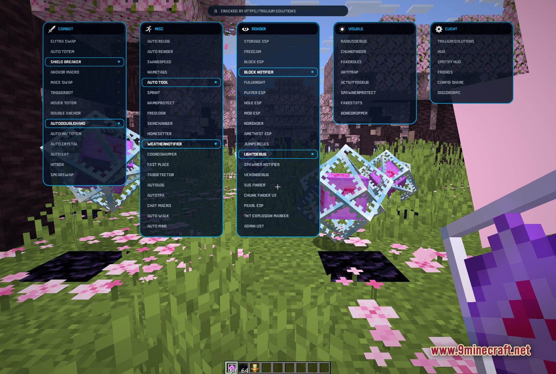 Vexon Client Mod (1.21.11) – Automate Crystal Pvp On Anarchy Servers 5 Vexon client clickgui with additional render and visuals modules enabled, demonstrating the module search and toggle workflow across categories