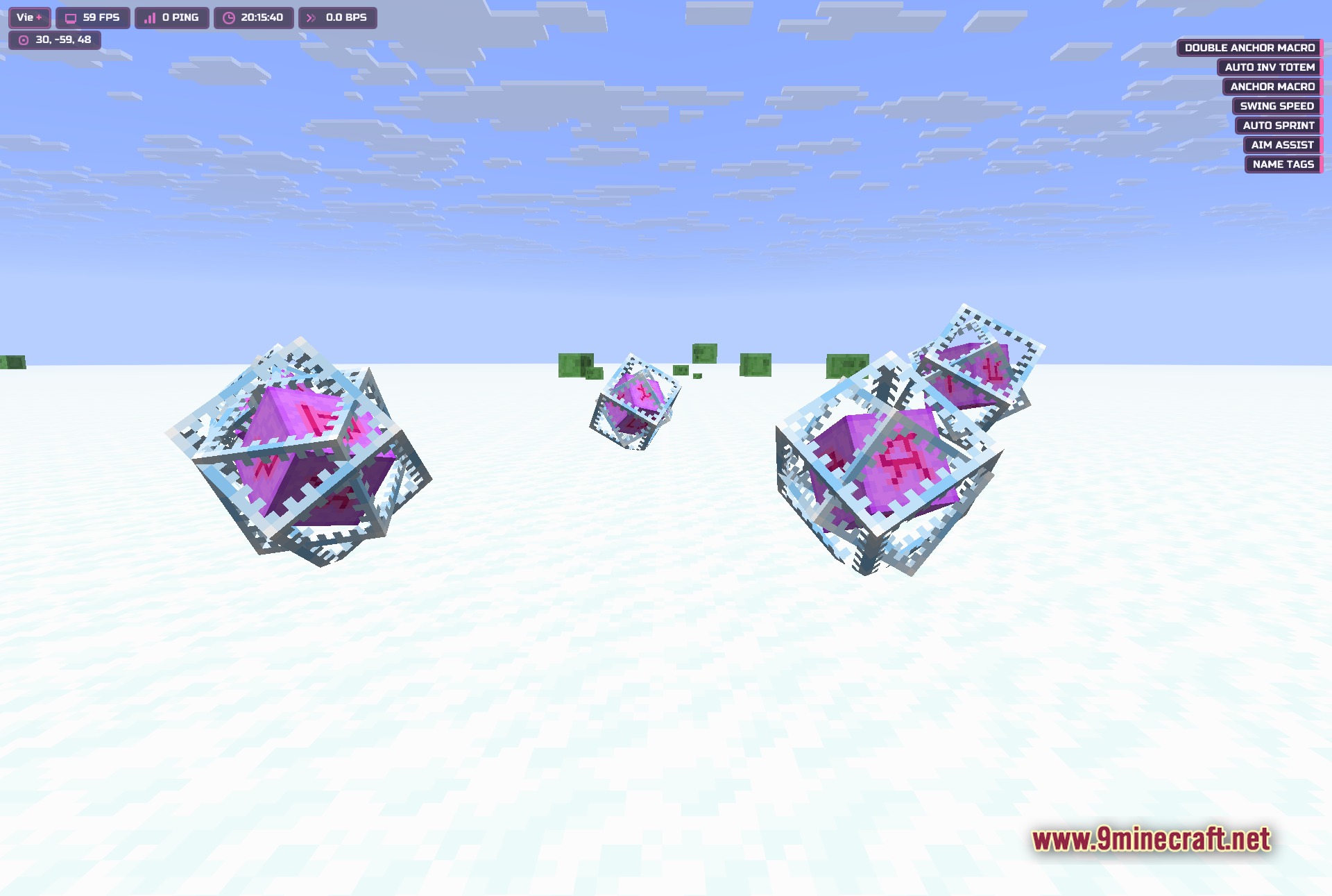 Vie Client Mod (1.21.11) – Automate Grinding And Dominate Smp Servers 2 First-person view of the player near end crystals and obsidian pillars on the crystal pvp arena