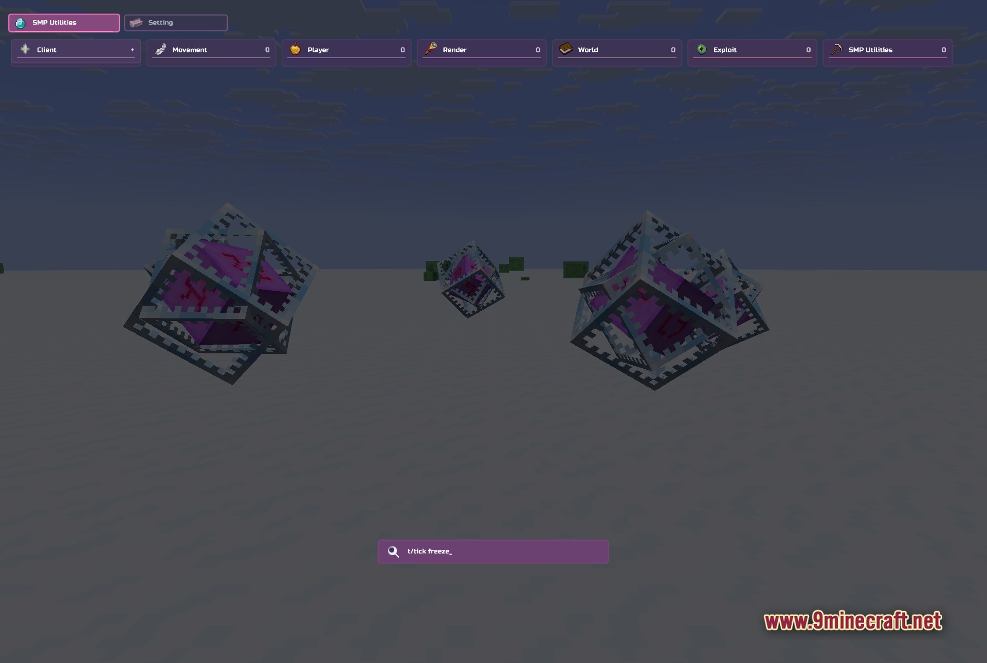 Vie Client Mod (1.21.11) – Automate Grinding And Dominate Smp Servers 3 Vie client purple-themed clickgui opened over the arena showing seven module category columns (client, movement, player, render, world, exploit, smp utilities)