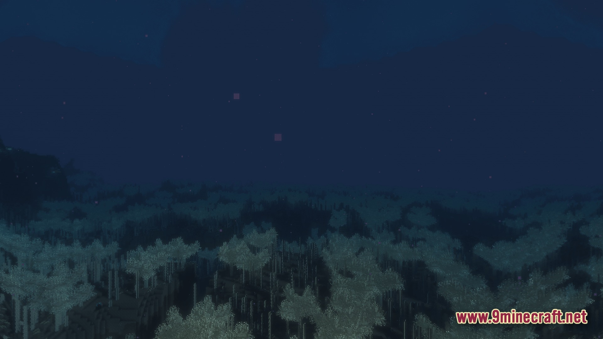 A vast underwater forest of bioluminescent coral and aquatic plants under a dark oceanic abyss
