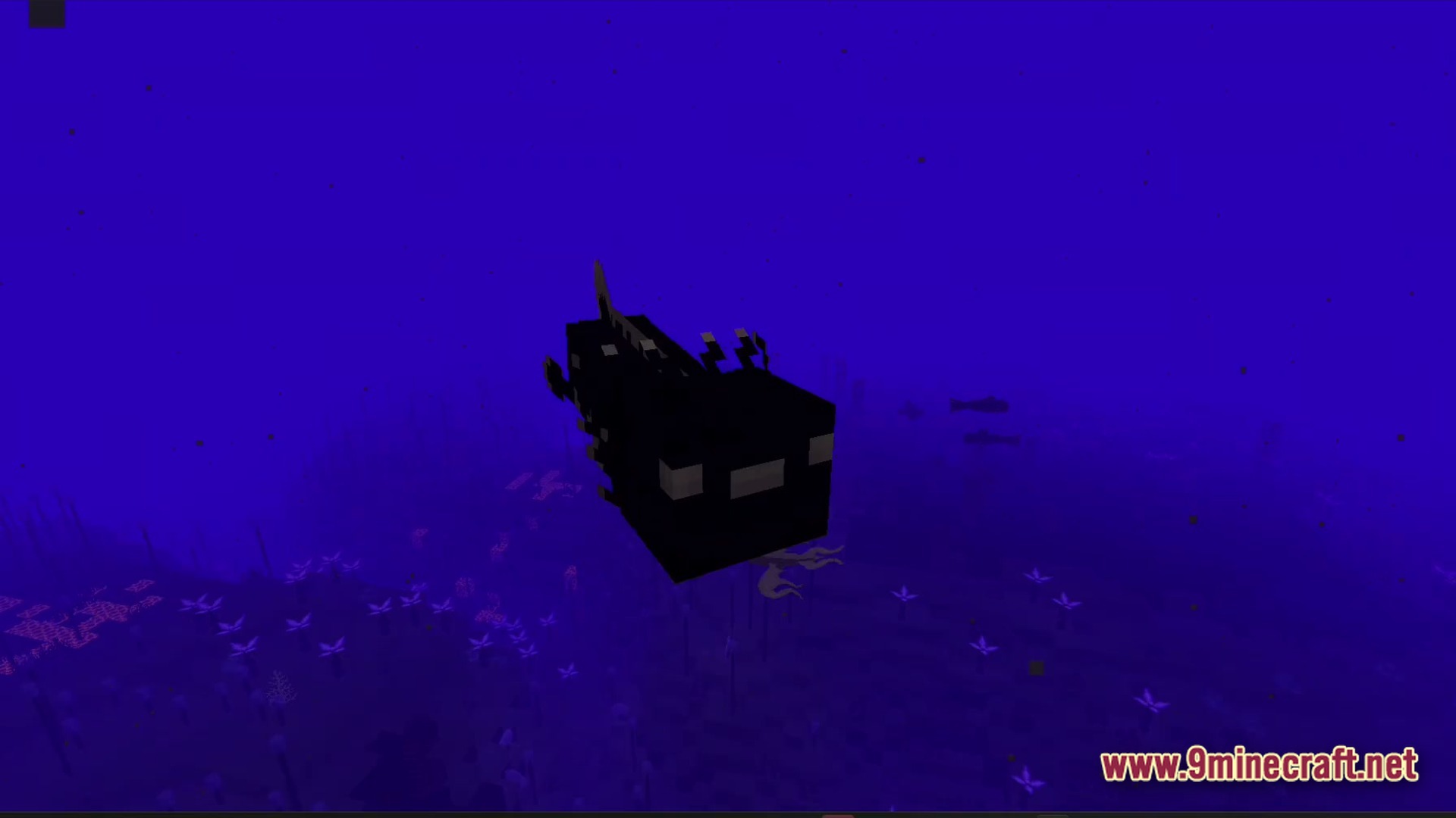 A dark, blocky aquatic creature swims through a deep purple underwater biome with glowing flora