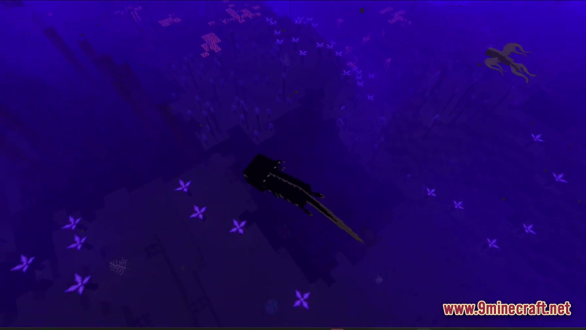 Large aquatic creatures swim through a dark purple underwater biome filled with bioluminescent flora