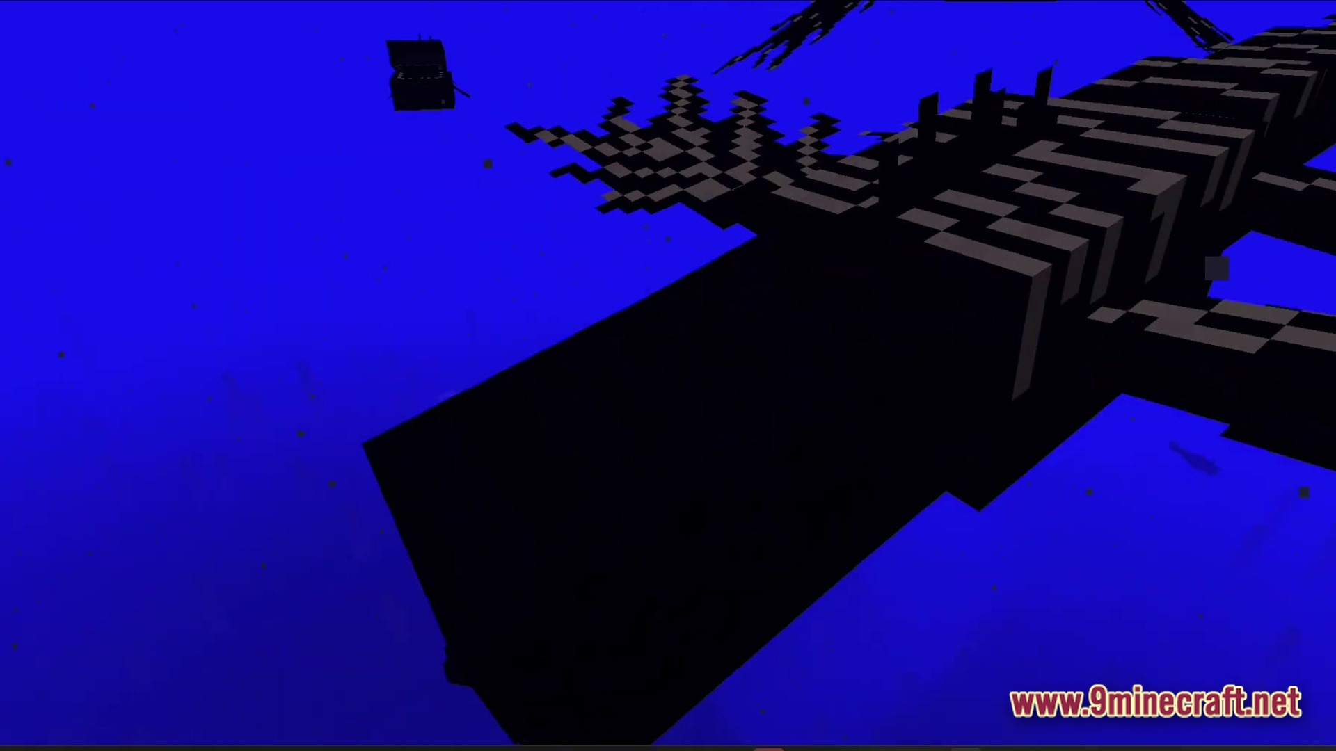 A large, dark aquatic creature swims through a deep blue underwater environment near a chest