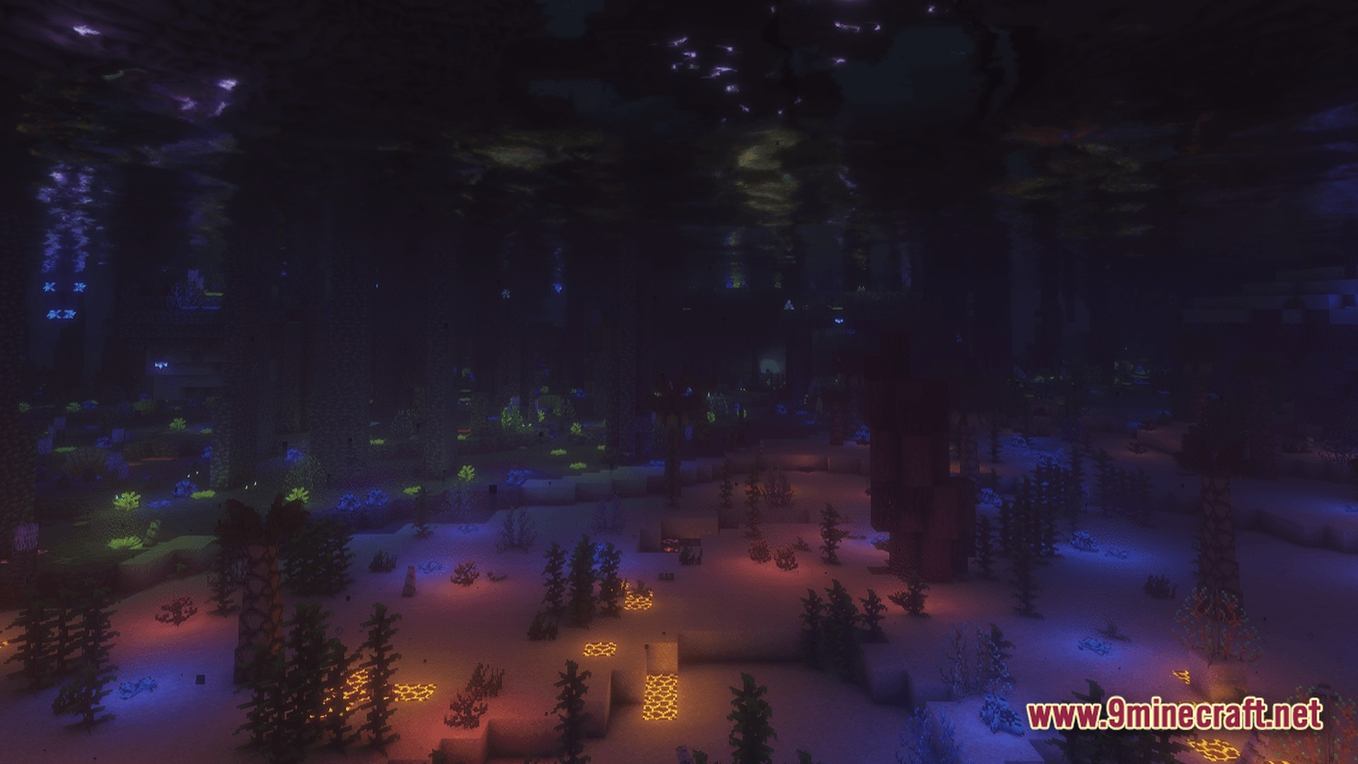 Bioluminescent flora and magma blocks illuminate a dark underwater ocean floor with various aquatic plants