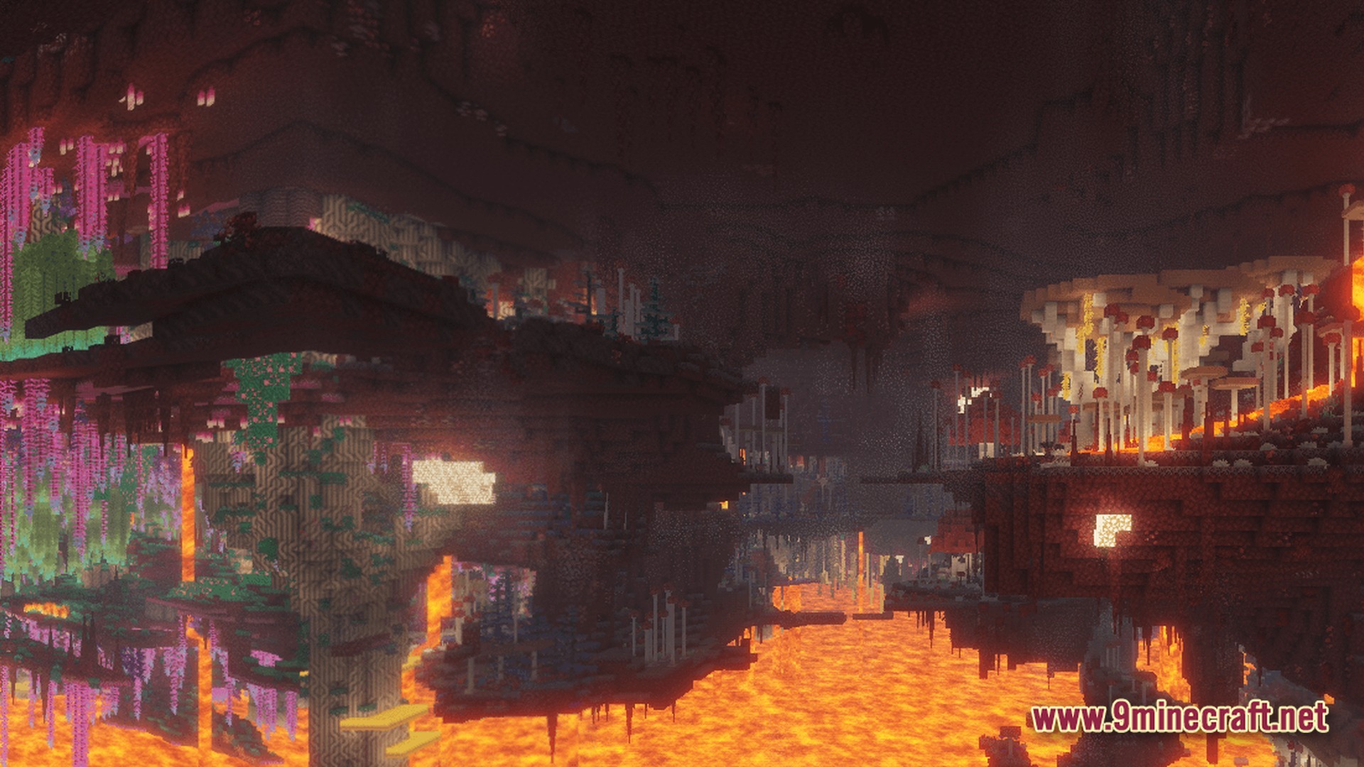A vast nether cavern featuring diverse fungal biomes, glowing vegetation, and large rivers of molten lava