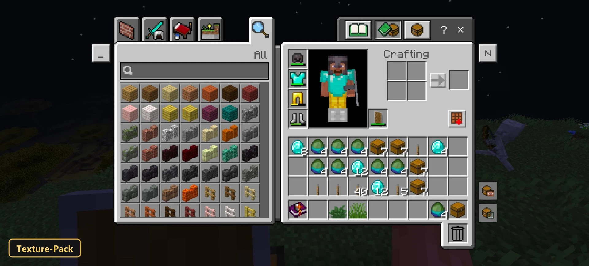 Crafting menu, player character, night sky, grass