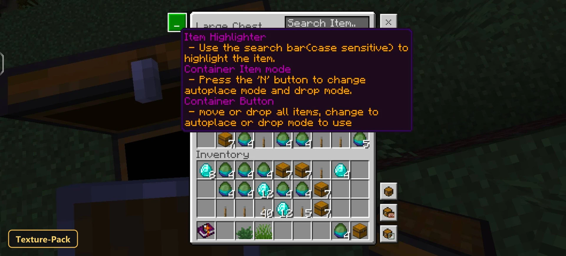 Open chest with inventory, text overlay, green grass, dark ground