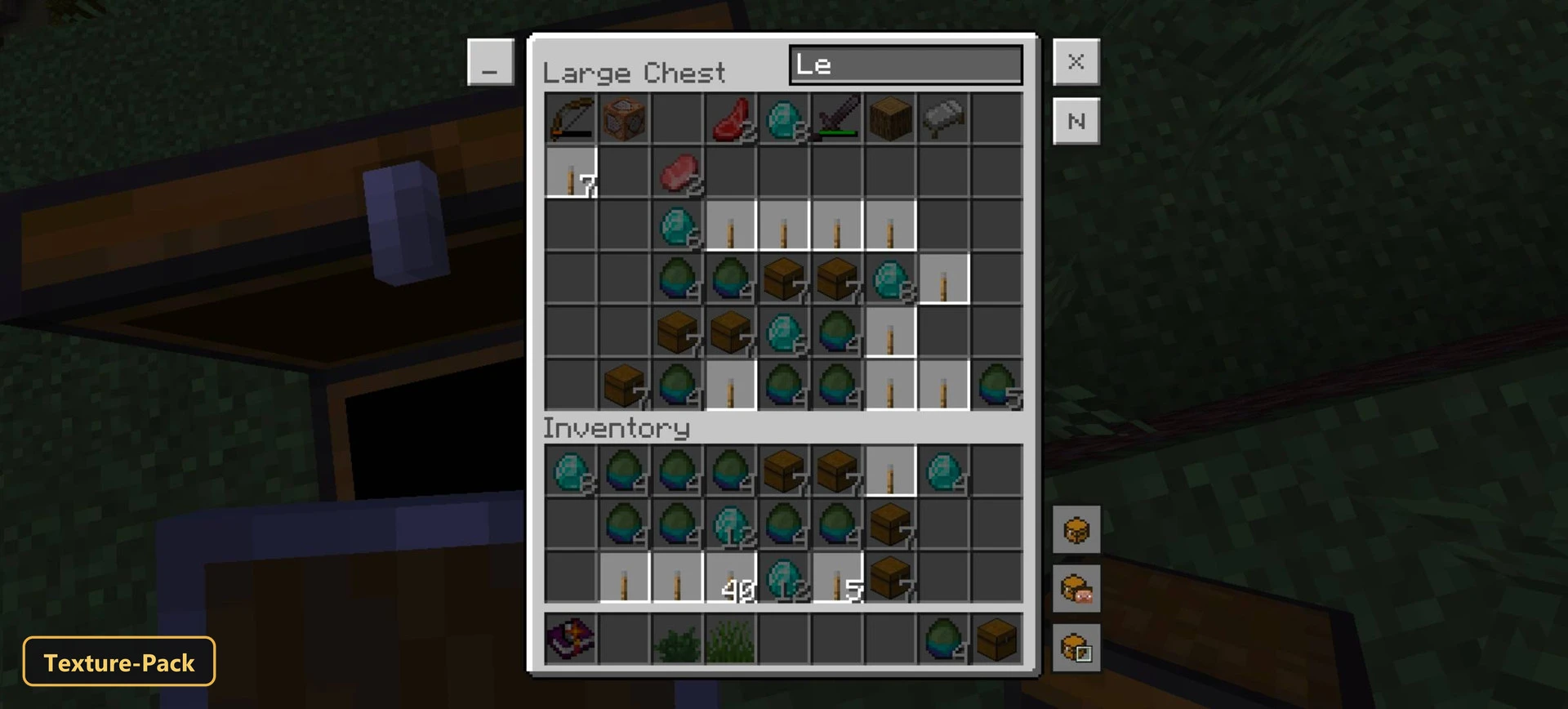 Open chest with inventory, search bar, green grass, dark ground