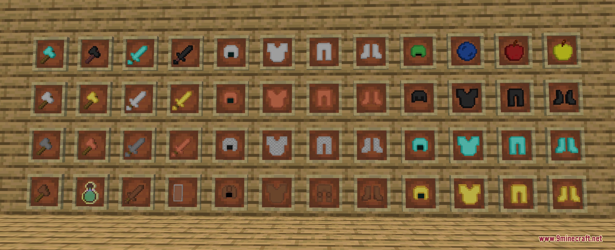 Angular Essence Resource Pack (26.2, 1.20.1) – Clean Low Poly Geometric World 2 Item frames on a wooden wall displaying geometric gear and tools