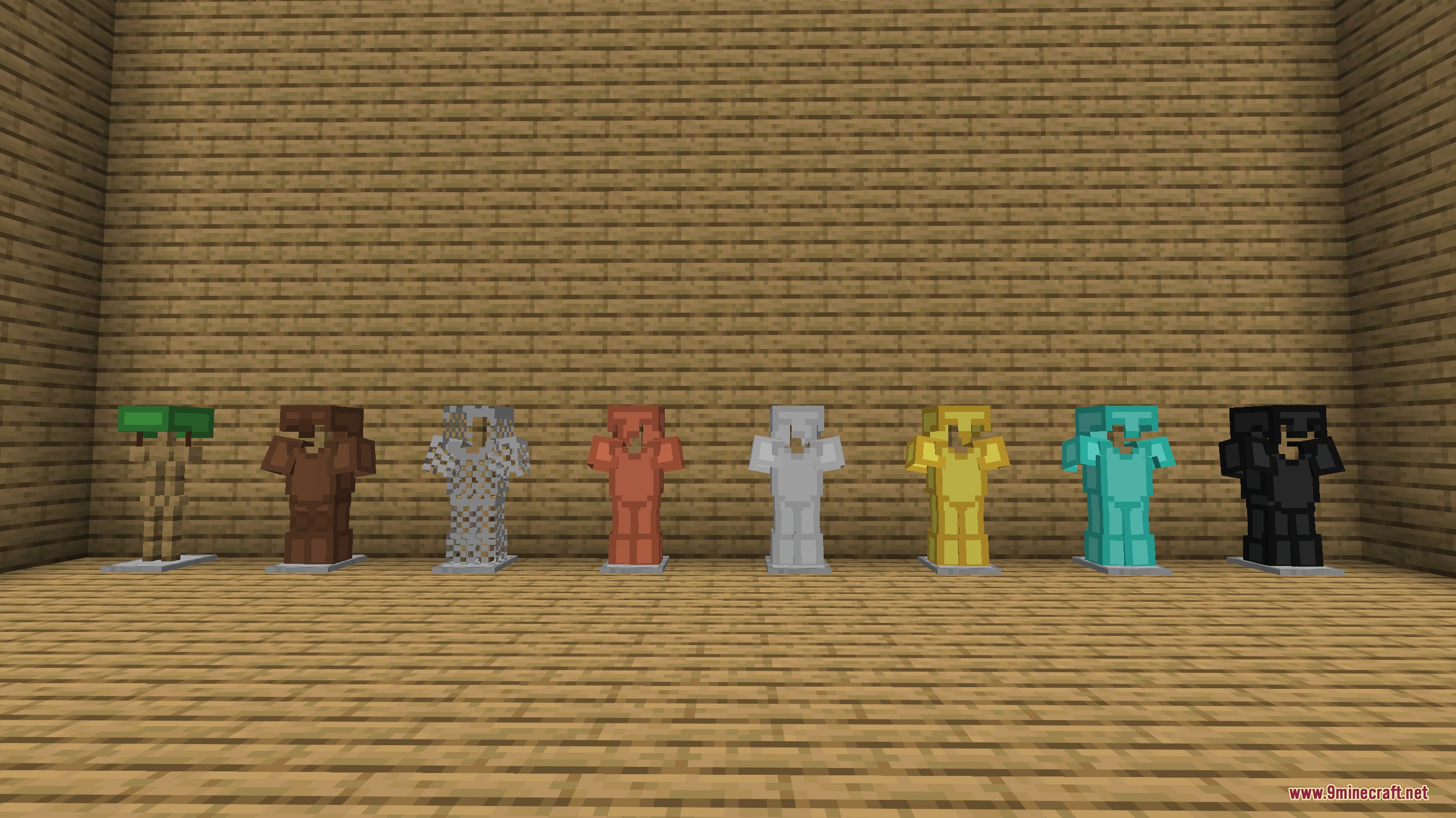 Angular Essence Resource Pack (26.2, 1.20.1) – Clean Low Poly Geometric World 3 A row of armor stands showing different geometric armor sets