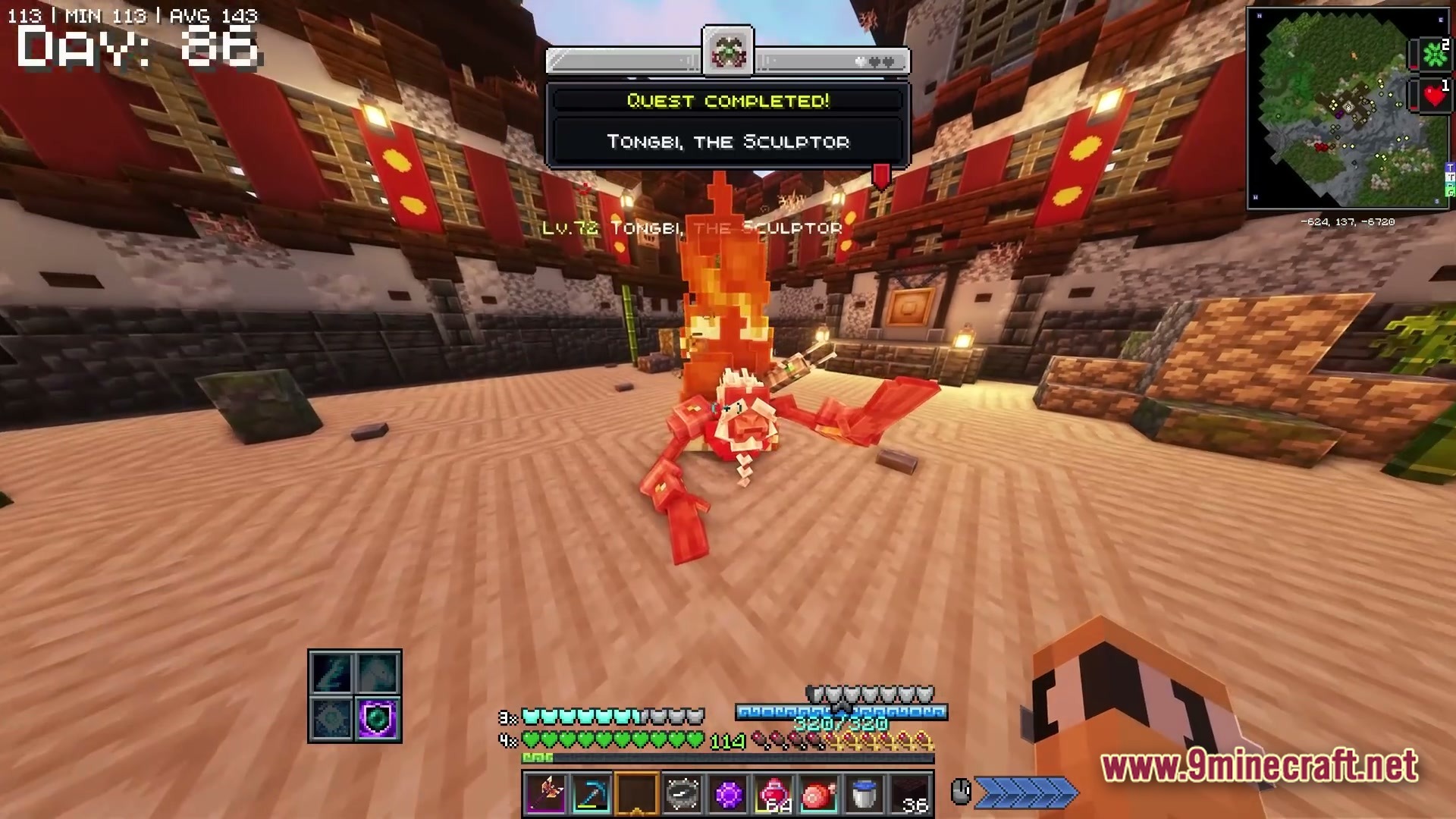 A player completes a quest after defeating tongbi, the sculptor boss inside a circular arena