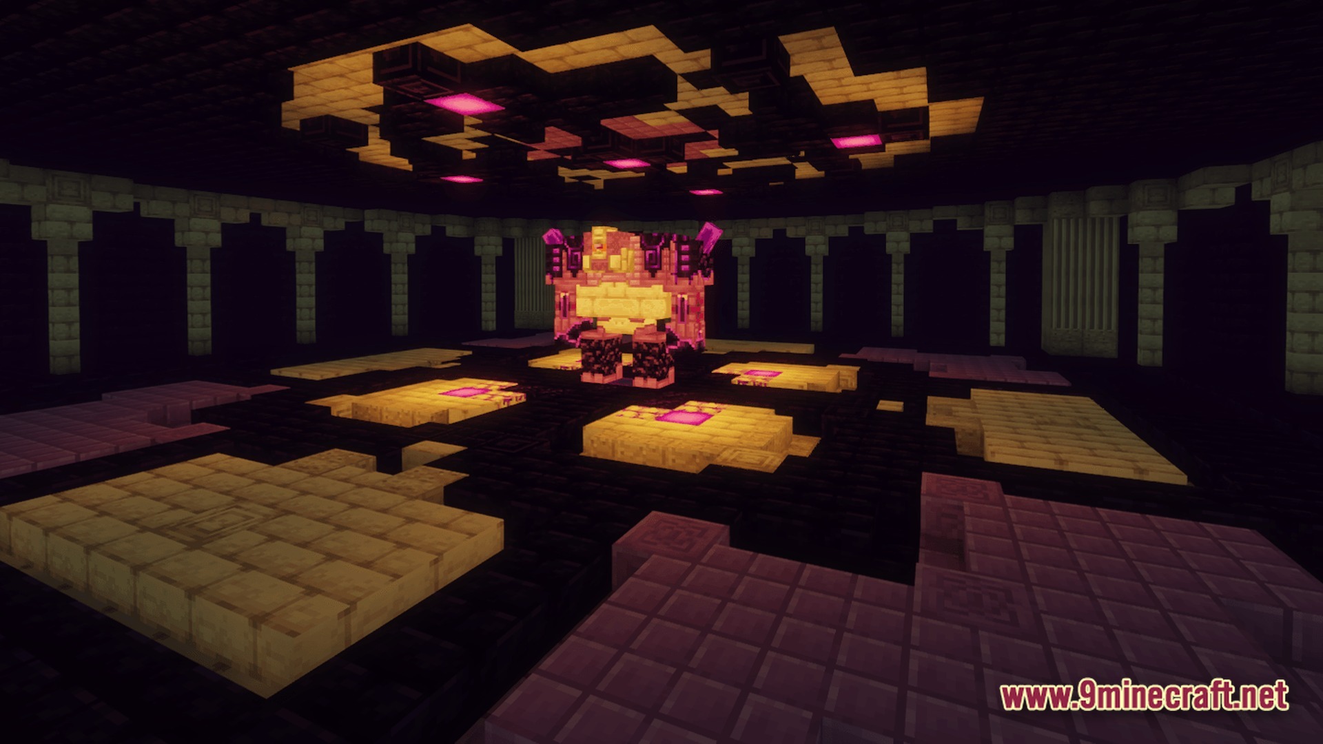 A large mechanical boss mob stands in the center of a dark, ornate stone arena