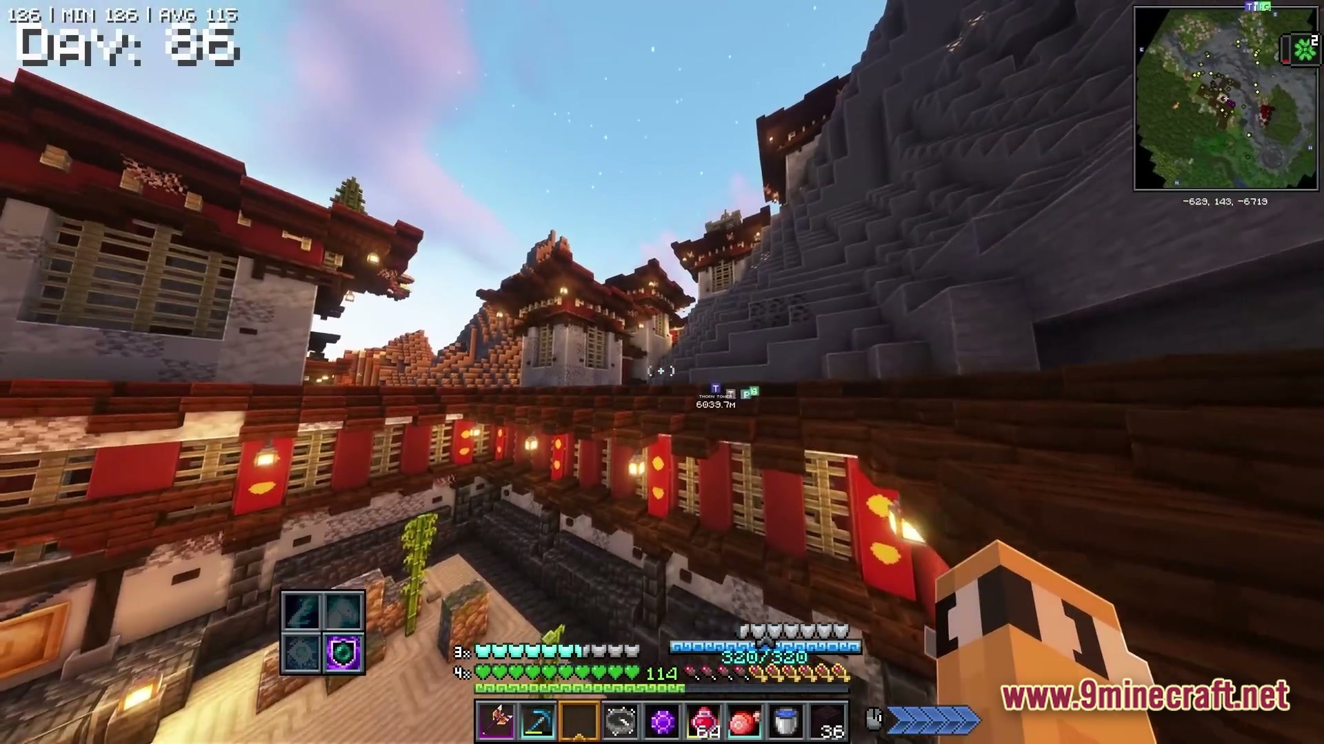 A player explores a mountain village featuring east asian architectural styles and custom decorative banners