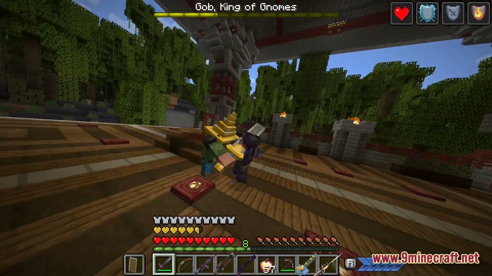 A player engages in a boss battle against gob, king of gnomes, within a jungle arena