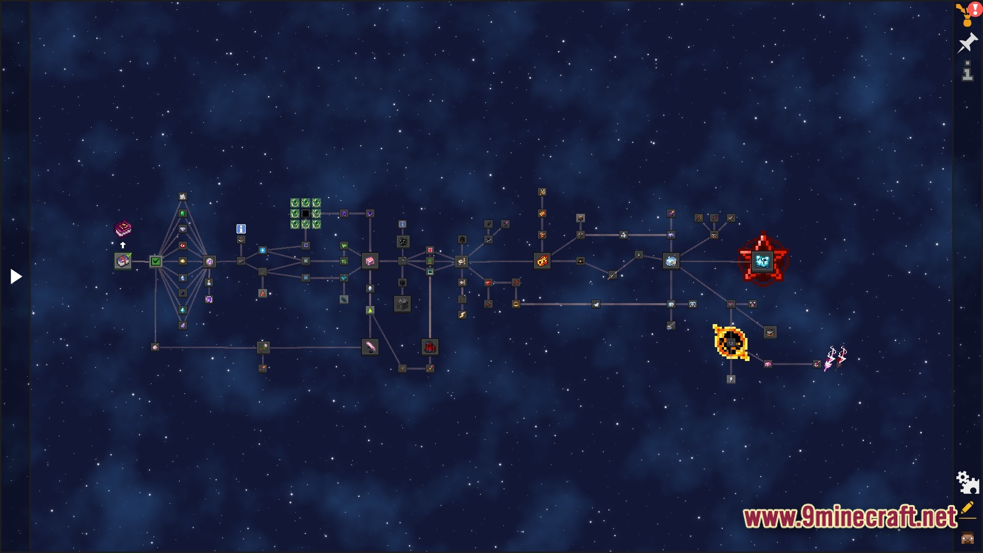 A complex quest progression tree interface featuring interconnected item icons against a starry space background