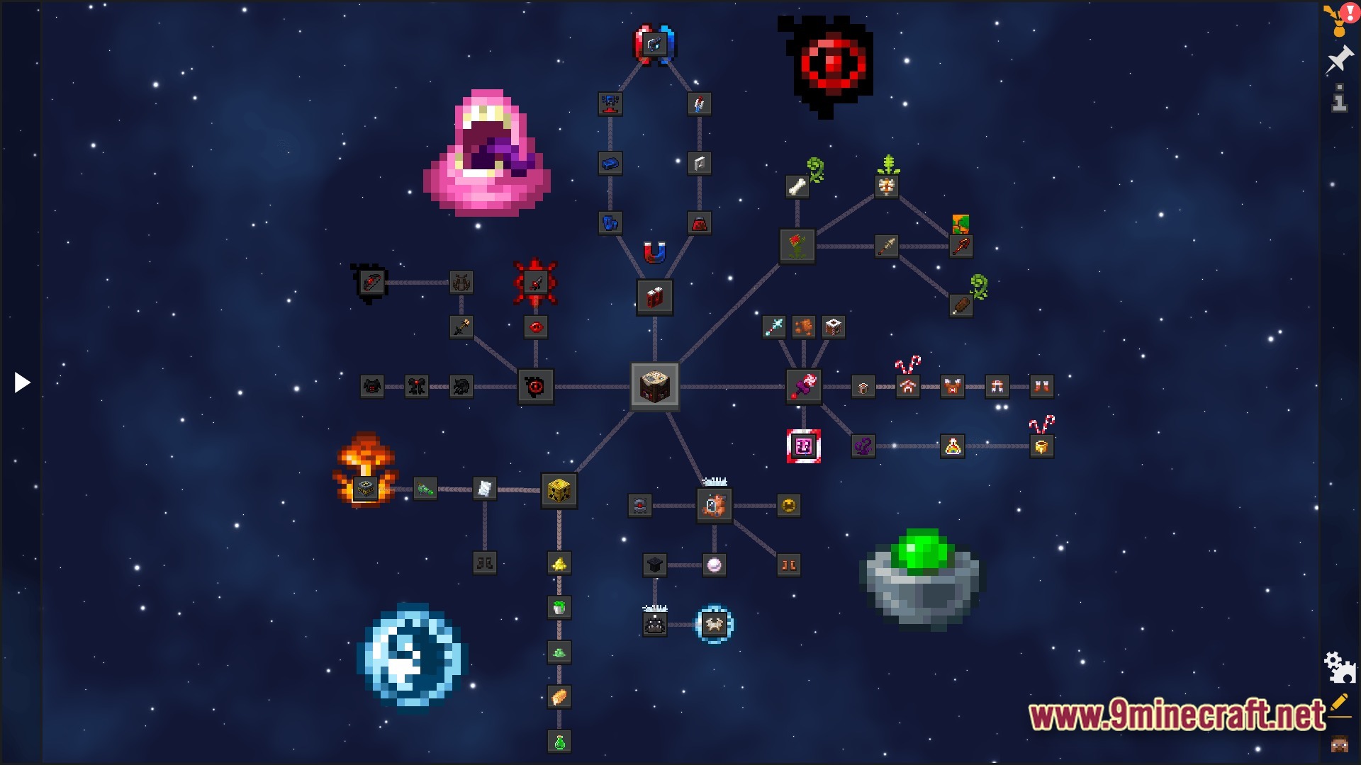 A complex branching quest tree interface featuring various modded items and icons against a starry background