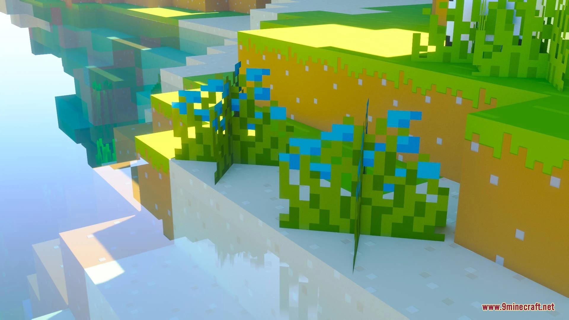 Clean blue flowers and green grass blocks on a cliff with bright lighting