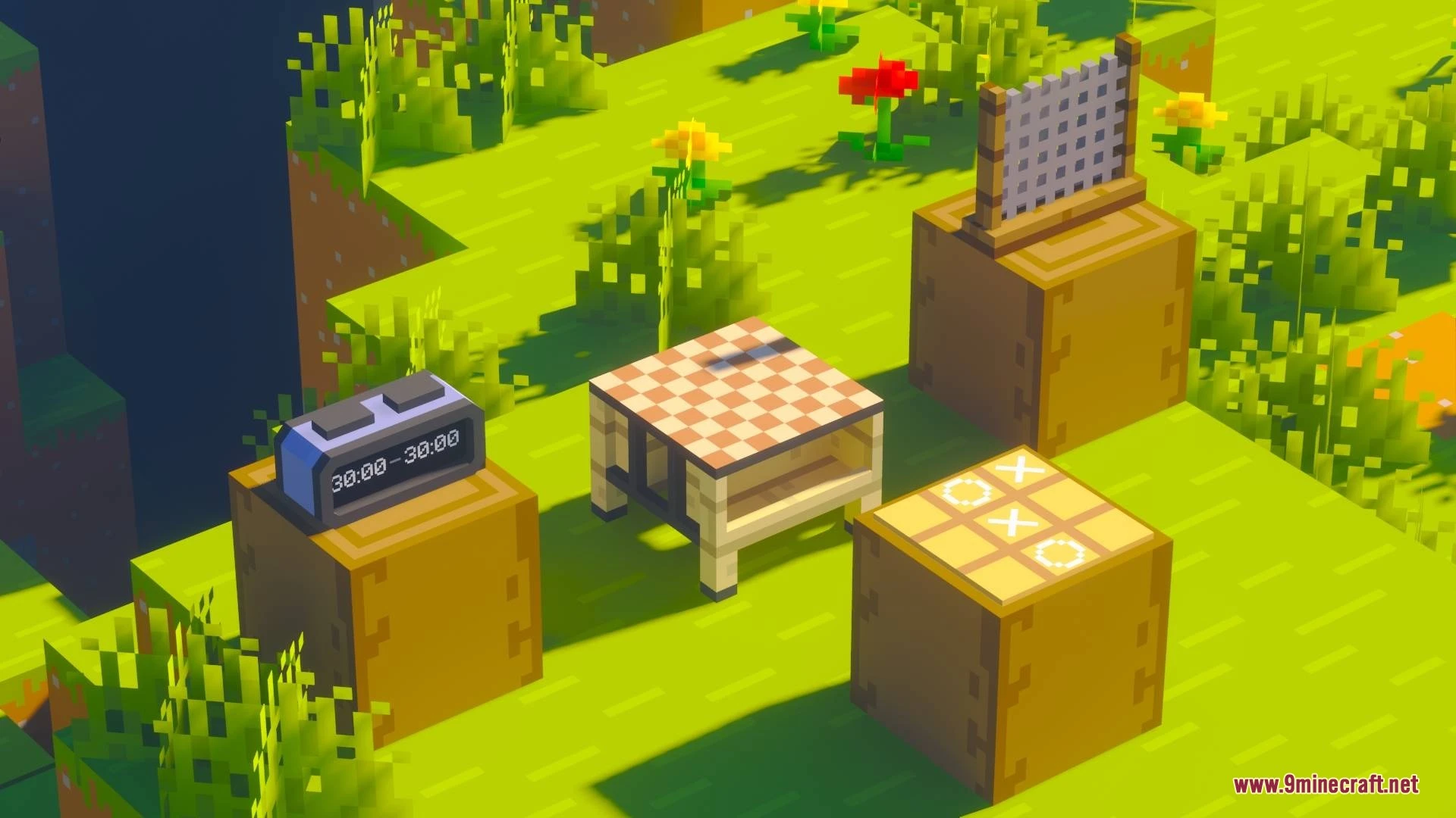 Simplified modded furniture items like a digital clock and table on green grass