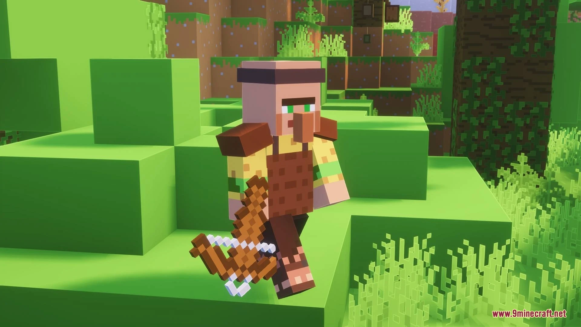 A villager holding a wooden pickaxe in a grassy field