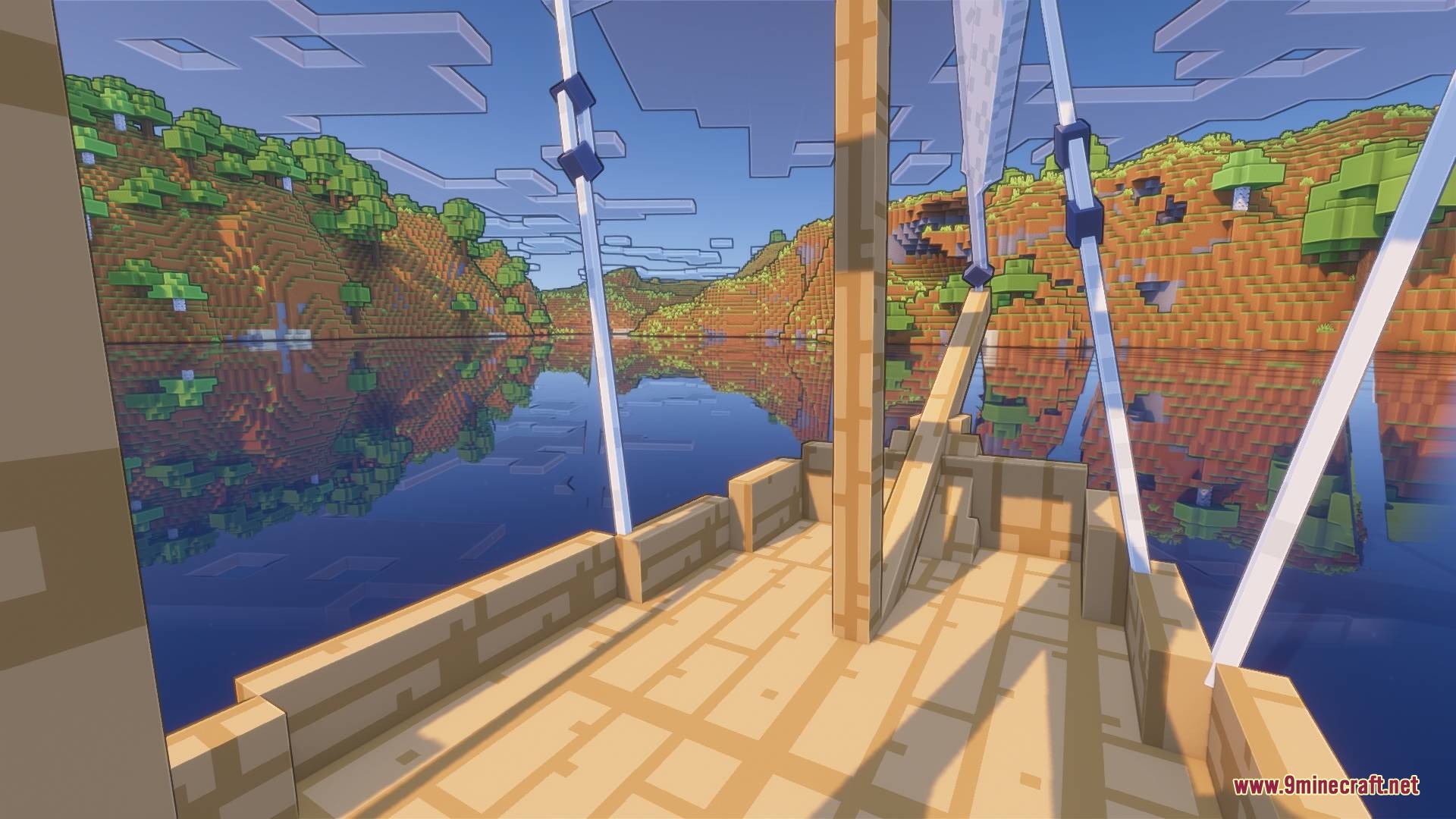 A wooden ship deck overlooking a calm river with vibrant blocky reflections