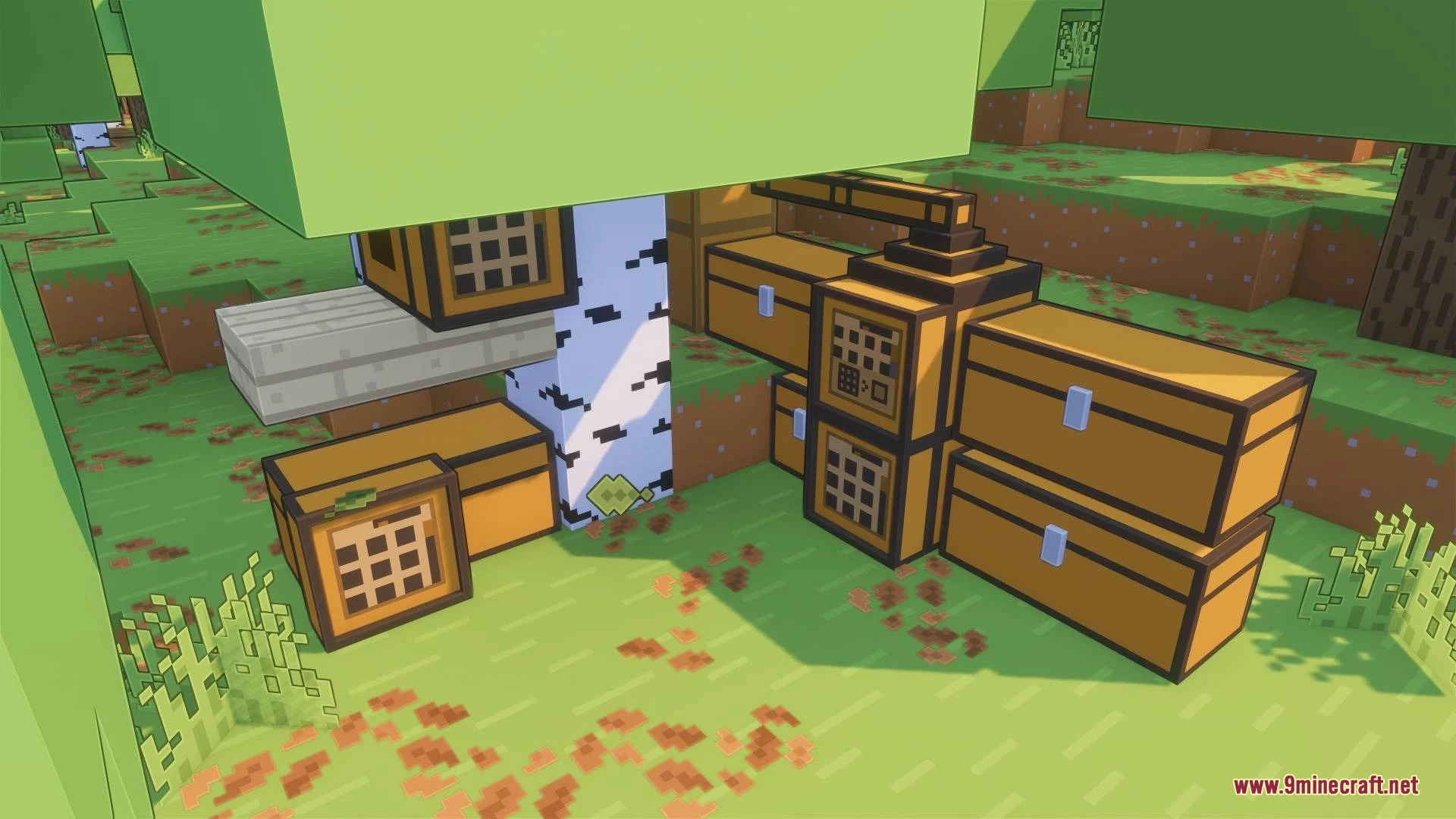 Wooden storage chests and crafting tables arranged near a birch tree trunk