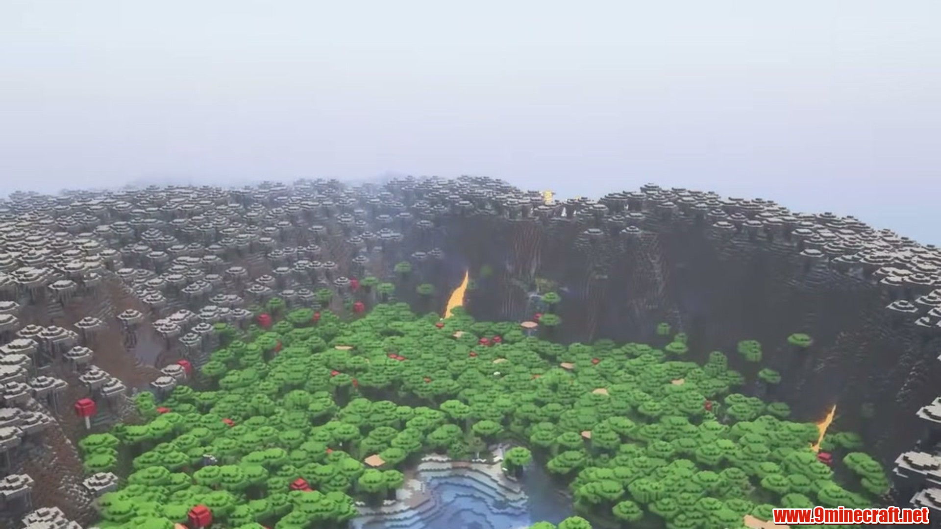 Best Seeds For Minecraft (26.2, 1.21.11) Part 14 – Java/Bedrock Edition 5 Second landscape view of mushroom crater with lavafalls